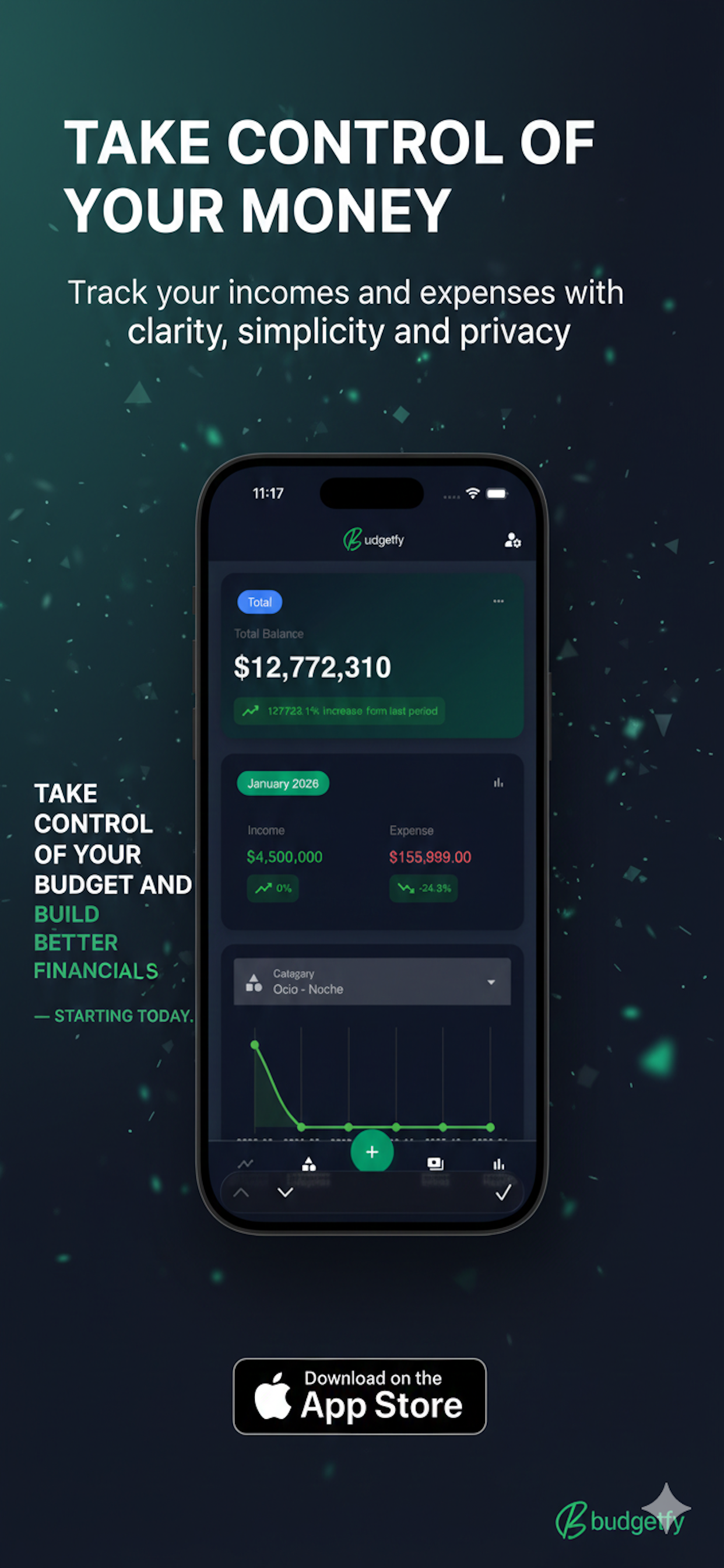 Budgetfy dashboard with balance, income and expenses overview