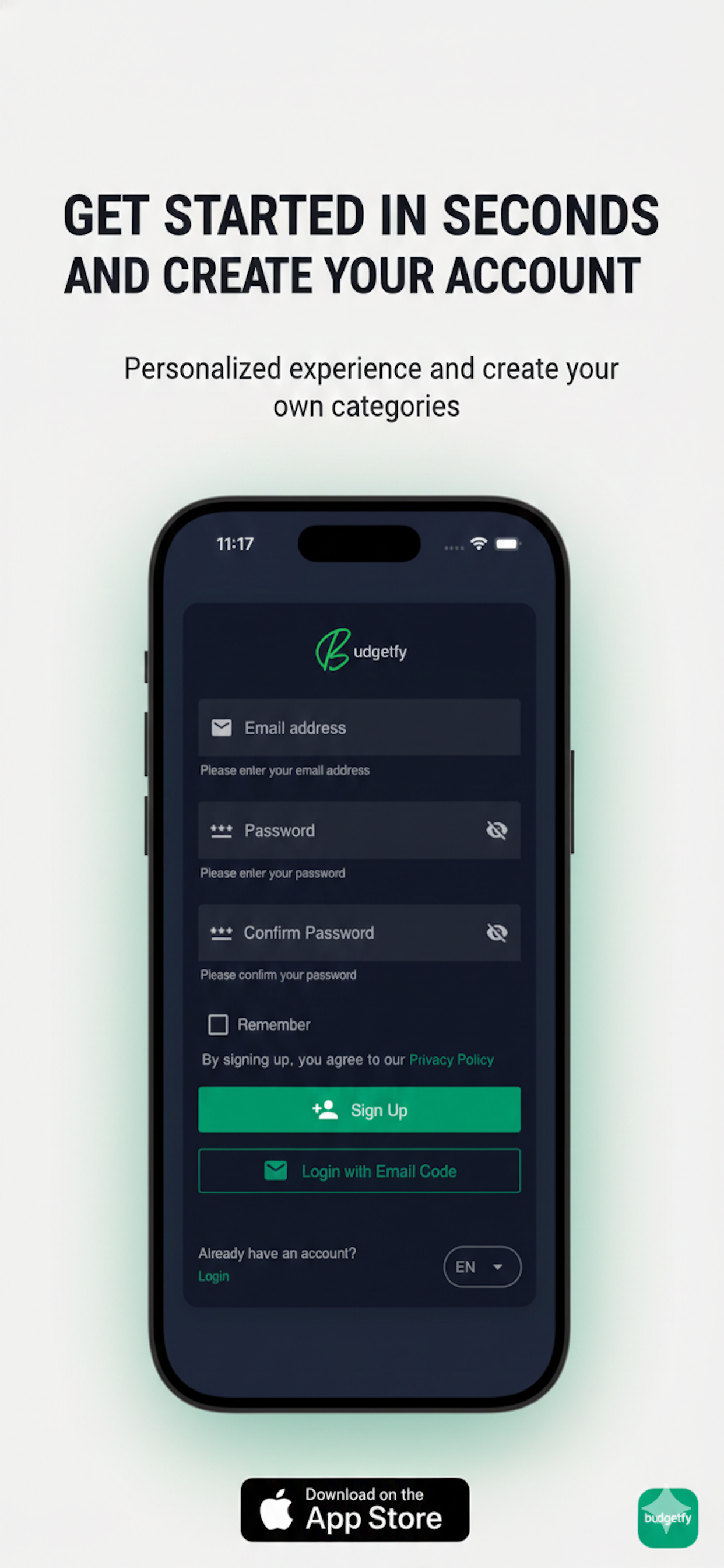 Sign up screen with email and password fields