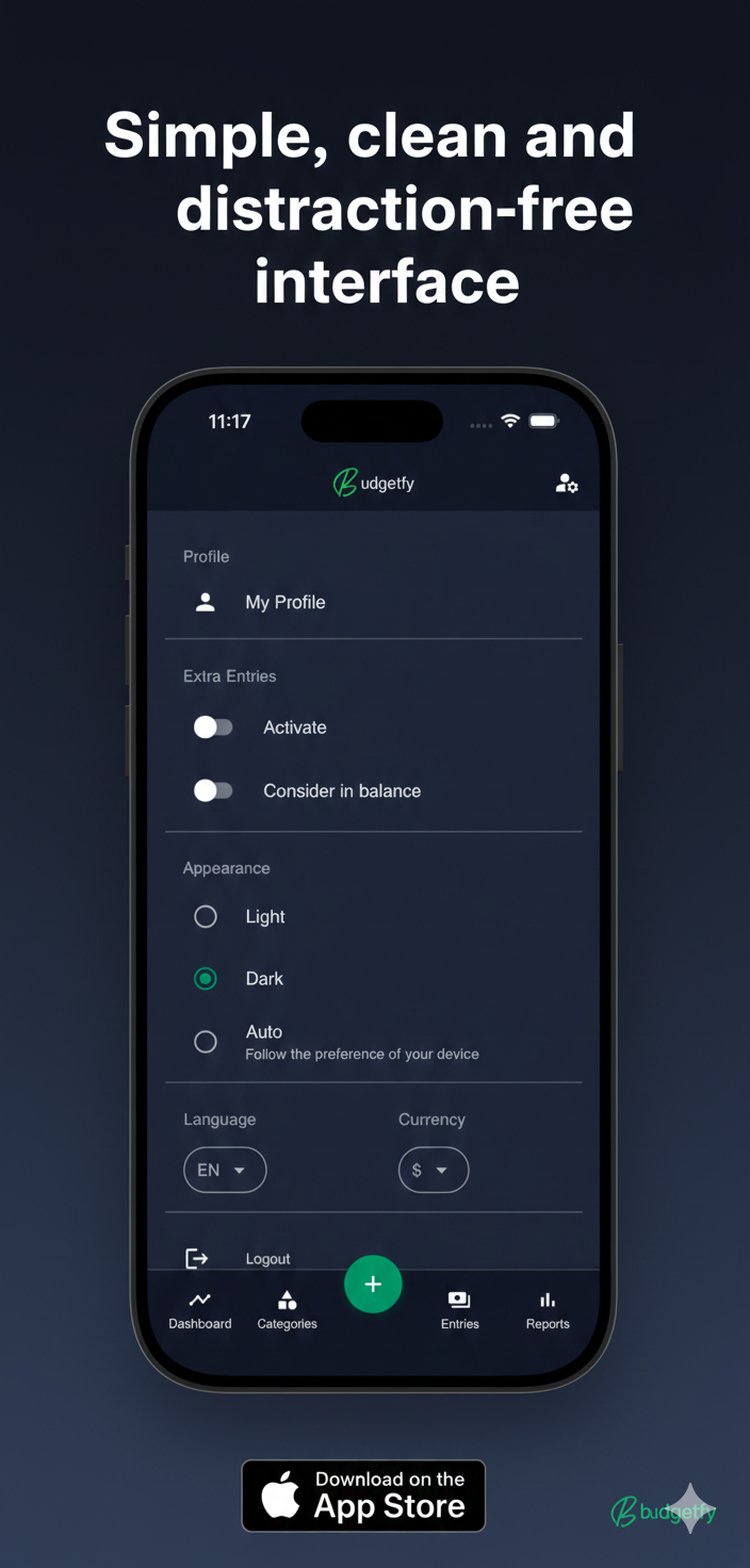 Settings screen showing dark mode and preferences